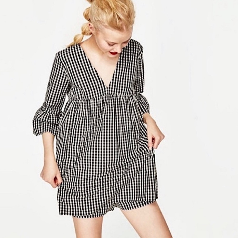 Zara black gingham babydoll romper dress
